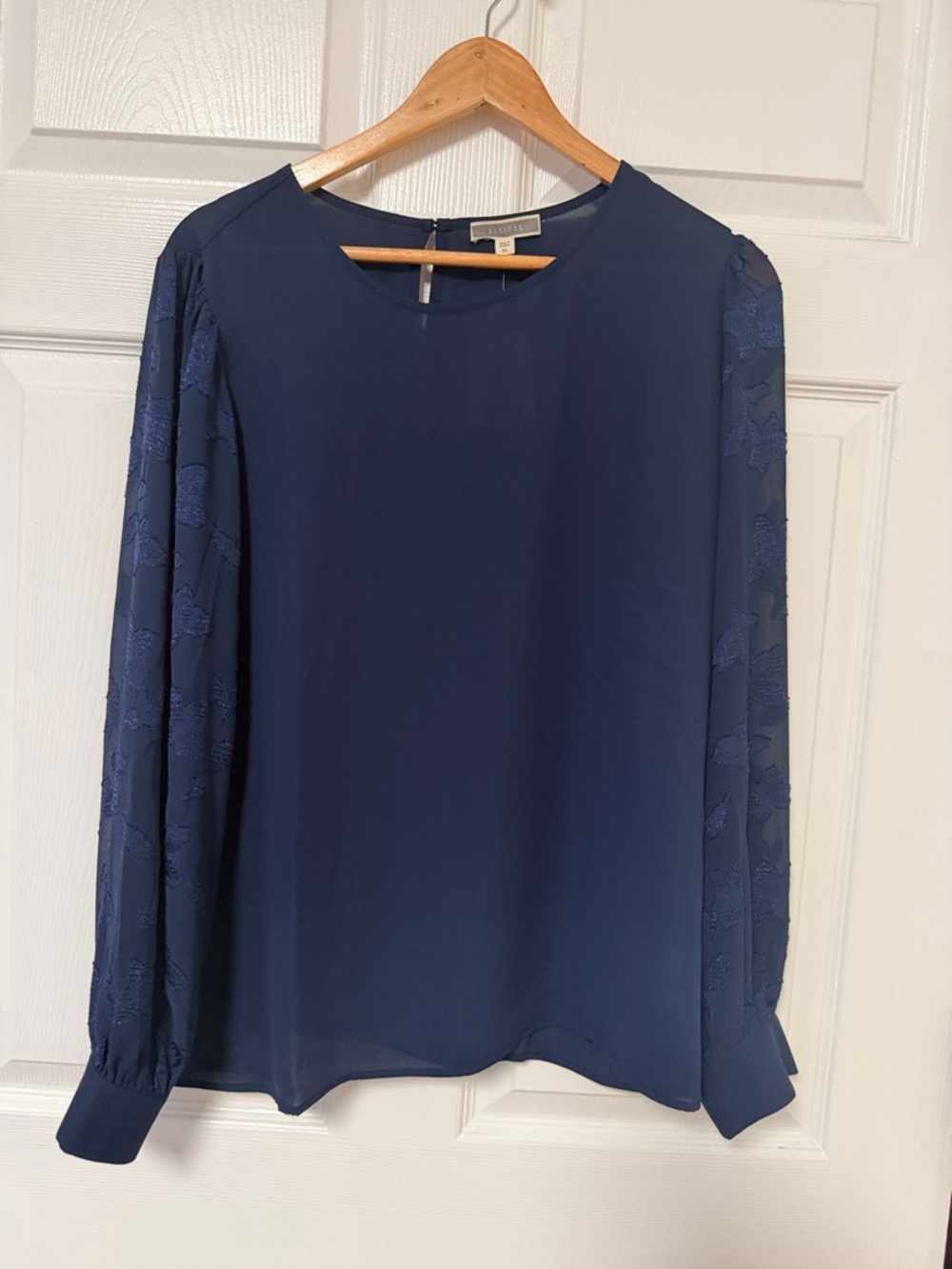 Lafayette 148 New York Navy Lace-Sleeve Silk Blouse